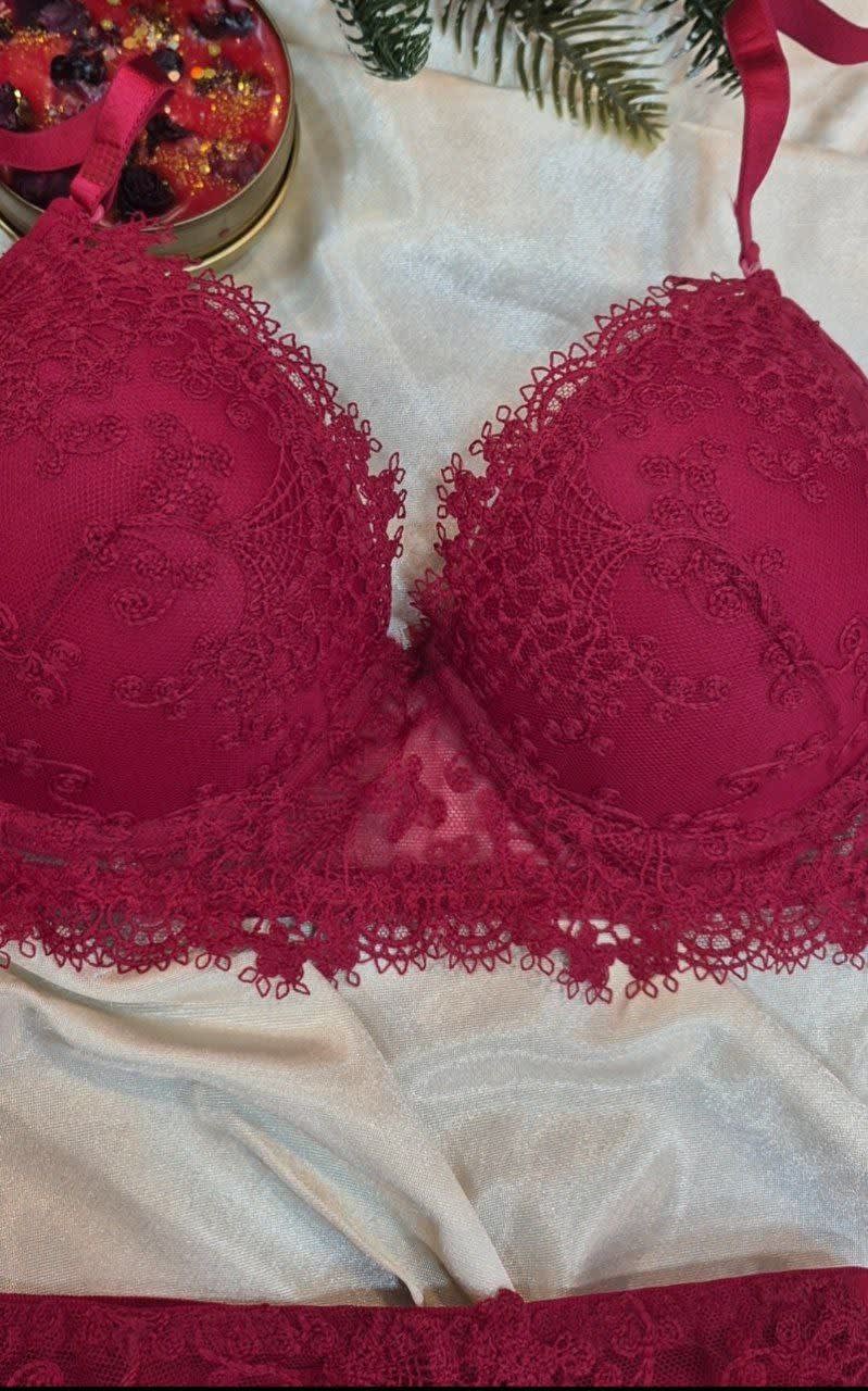 Lüks Bordo Destekli (Dolgulu) Dantel Sütyen Takımı